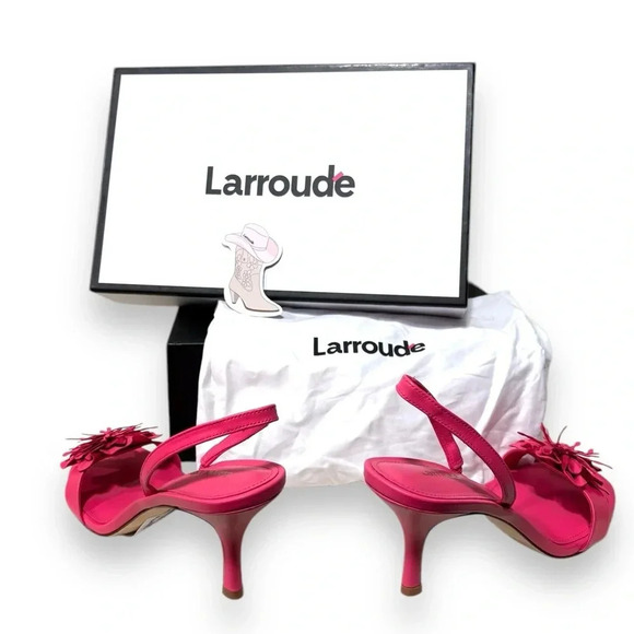 NEW Larroude Hibiscus Pink Slingback Leather Heeled Floral Sandals Size 8 - Picture 5 of 11